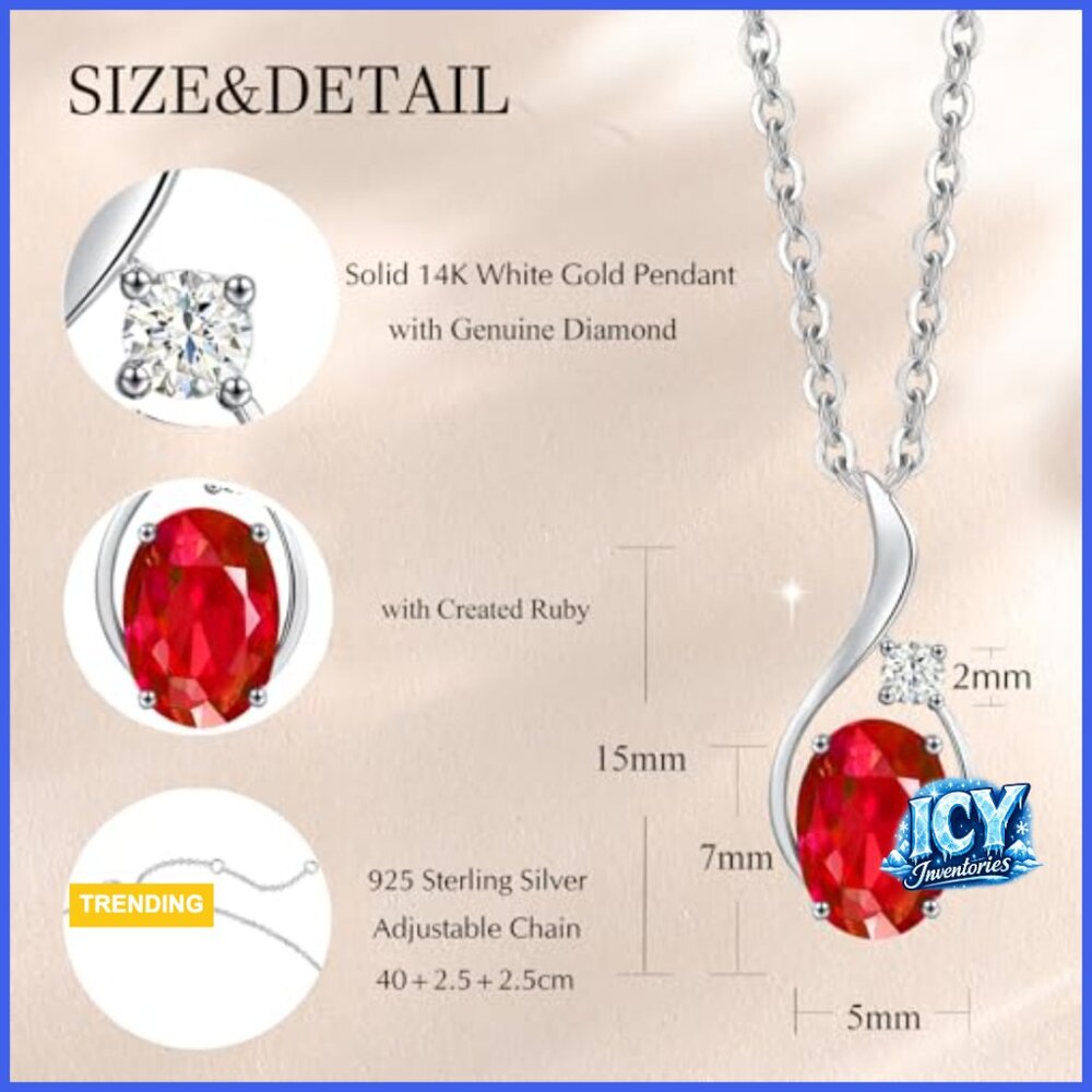 14k Solid White Gold Oval Ruby Diamond Pendant Ne… - image 3